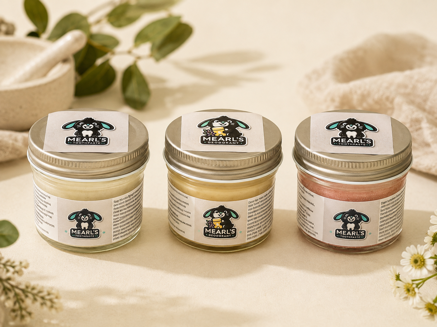 Three Mearl’s glass jars arranged with warm botanical accents.