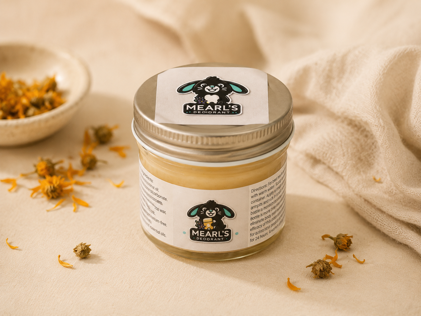 A Mearl’s deodorant jar arranged with calendula and chamomile.